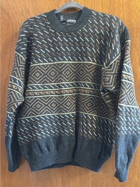 Esprit Men's Wool Geometric Crewneck Sweater in Charcoal, Brown & Cream